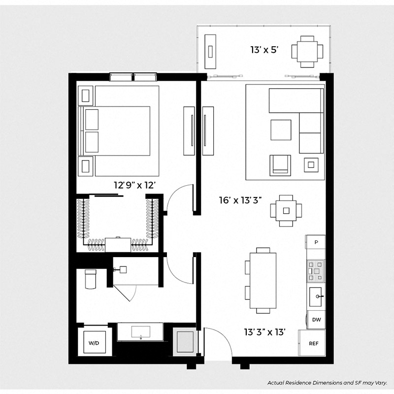 Floor plan for 1 bed, 1 bath, 820 sqft